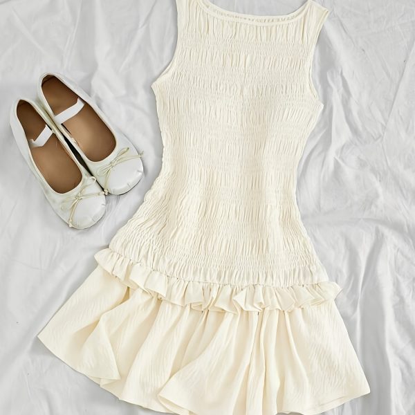 TEMU Elegant Beige Pleated Mini Dress With Hem - Sleeveless, Peplum Top, Spring/summer, Adult Fashion, Casual Attire| Hem Dress|crew Neckline, Plus