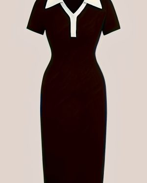 TEMU Elegant Black Bodycon Midi Dress With V-neck, Short Sleeves & Zipper Detail - Chic Short Sleeve Dress For Women, All Season