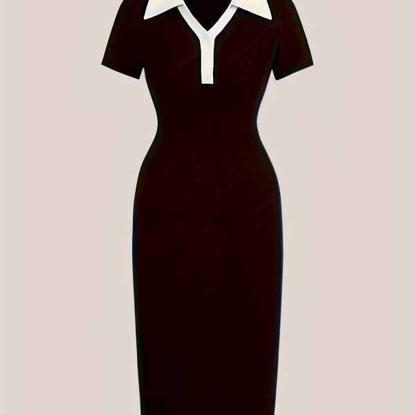 TEMU Elegant Black Bodycon Midi Dress With V-neck, Short Sleeves & Zipper Detail - Chic Short Sleeve Dress For Women, All Season