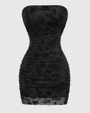 TEMU Elegant Black Velvet Floral Print Sleeveless Mini Dress For Women - Bodycon, Lace-up Detail, Summer, Adult Fashion, Elegant Attire|floral Print