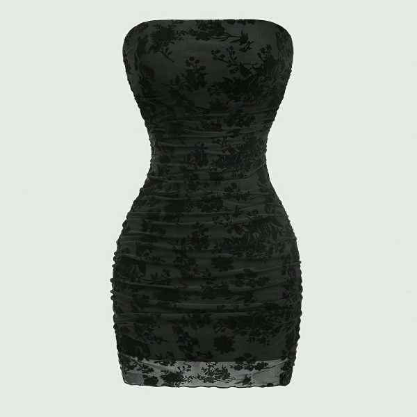 TEMU Elegant Black Velvet Floral Print Sleeveless Mini Dress For Women - Bodycon, Lace-up Detail, Summer, Adult Fashion, Elegant Attire|floral Print