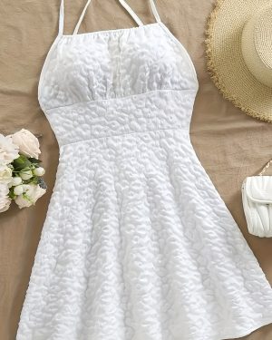 TEMU Elegant Halter Neck Geometric Print Slip Dress - White Lace-up Summer Dress For Adults, Vacation And Beach Wear, Beach Attire | Laceup Detail |