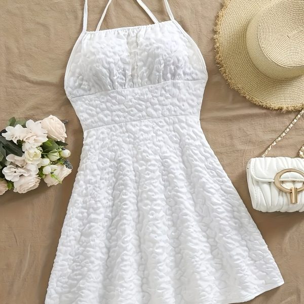TEMU Elegant Halter Neck Geometric Print Slip Dress - White Lace-up Summer Dress For Adults, Vacation And Beach Wear, Beach Attire | Laceup Detail |