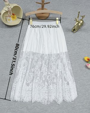 TEMU Elegant Lace High-waisted Midi Skirt - Floral Pattern Tiered Hem, Black & White, Hand Wash Weddings, Dates & Formal Events, Lace Skirt, Wedding