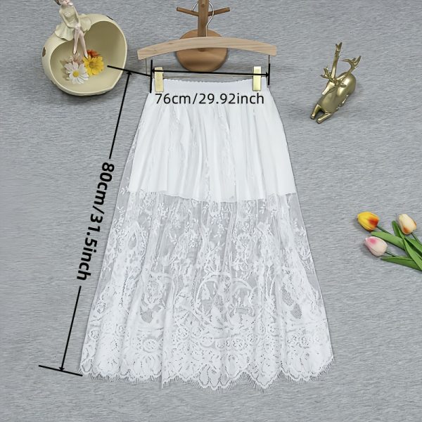 TEMU Elegant Lace High-waisted Midi Skirt - Floral Pattern Tiered Hem, Black & White, Hand Wash Weddings, Dates & Formal Events, Lace Skirt, Wedding