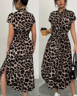 TEMU Elegant Leopard Print Midi Dress For Women - Short Sleeve, High-low Hem, Button-up Front, Machine Washable, Casual Or , Versatile Midi Dress |