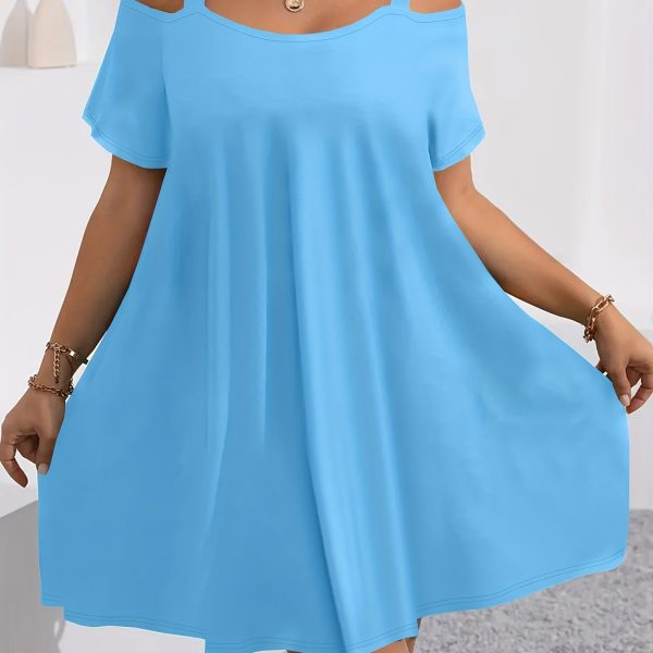 TEMU Elegant Light Blue Off-shoulder Cami Dress - Medium Stretch, Solid Color, Spring/summer, Chic & Stylish, Cute Dresses
