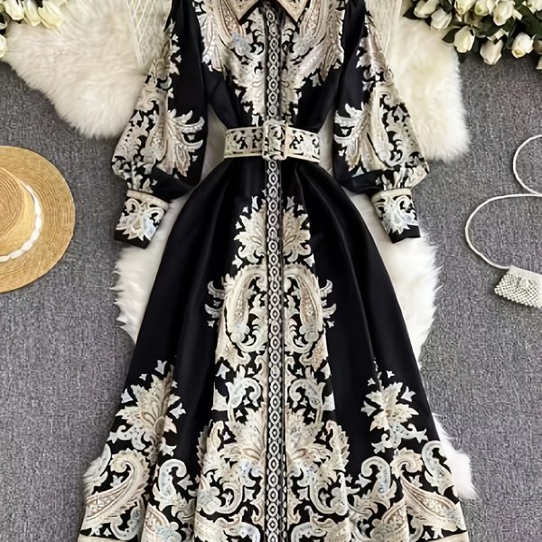 TEMU Elegant Middle Eastern Women's Fashion Dress With Geometric Pattern, Long Length, Belted, Peplum Style For Adults - Black And Golden