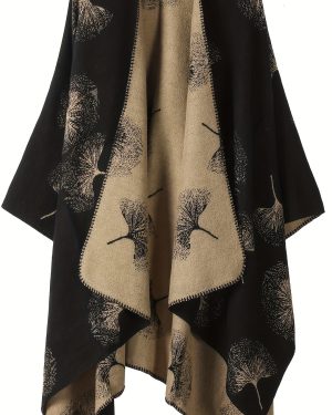TEMU Elegant Plus Size Ginkgo Leaf Print Women's Cape Coat - Double-sided Thick Autumn Winter Outerwear, Black & Beige Floral Pattern, Collarless