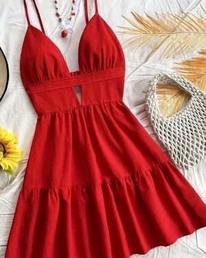 TEMU Elegant Red V-neck Backless Midi Dress For Women - Sleeveless Hem, Cinched Waist, Stretchy Polyester Blend, Summer & Spring, Formal Event Attire