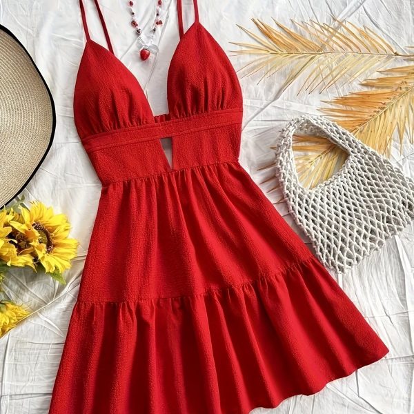 TEMU Elegant Red V-neck Backless Midi Dress For Women - Sleeveless Hem, Cinched Waist, Stretchy Polyester Blend, Summer & Spring, Formal Event Attire