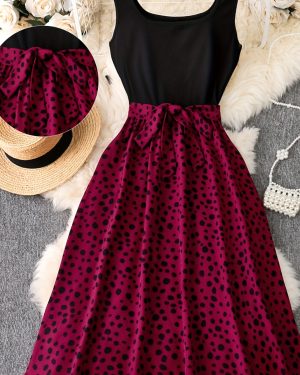 TEMU Elegant Summer Women's Polka Dot Print A-line Dress With Belt - V-neck Sleeveless Swing Dress For Casual Or Formal Occasions, Casual Summer