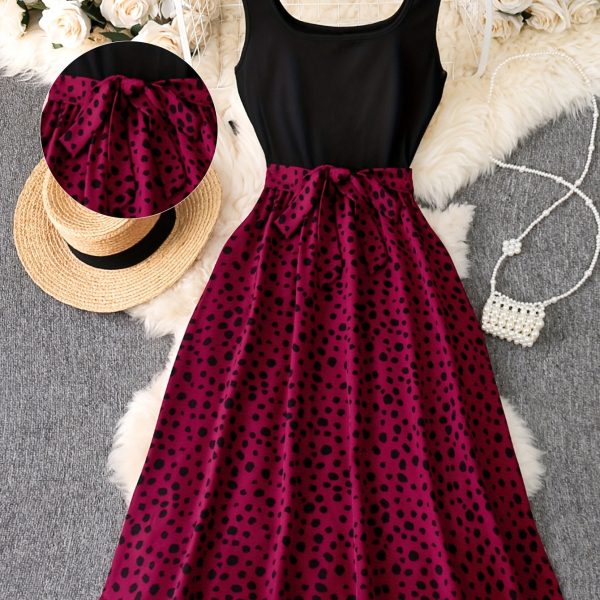 TEMU Elegant Summer Women's Polka Dot Print A-line Dress With Belt - V-neck Sleeveless Swing Dress For Casual Or Formal Occasions, Casual Summer