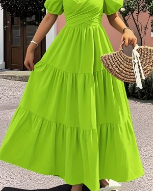 TEMU Elegant V-neck Short Sleeve Midi Dress With Ruffle Detail - Solid Color, Cinched Waist, Flowy Skirt, Spring/summer, Women's Fashion, Occasion