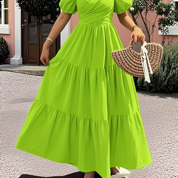 TEMU Elegant V-neck Short Sleeve Midi Dress With Ruffle Detail - Solid Color, Cinched Waist, Flowy Skirt, Spring/summer, Women's Fashion, Occasion