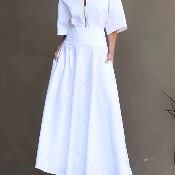 TEMU Elegant White Peplum Dress With Asymmetrical Neckline - Polyester, Solid Color, , Adult, Fitted Design, Casual Or Formal Occasions, Versatile