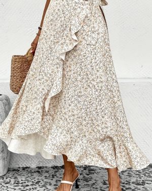 TEMU Elegant Women's Floral Print Wrap Skirt With Ruffle Detail - High-waisted, Asymmetrical Hem, Lightweight Polyester For Spring/summer, Beige &