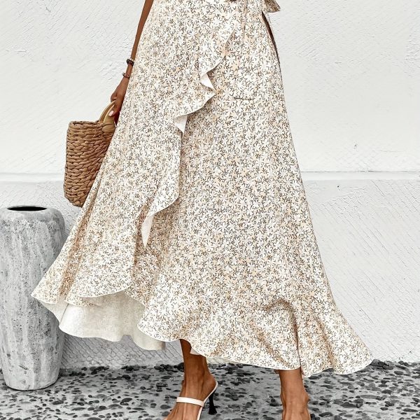 TEMU Elegant Women's Floral Print Wrap Skirt With Ruffle Detail - High-waisted, Asymmetrical Hem, Lightweight Polyester For Spring/summer, Beige &