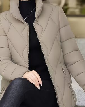 TEMU Elegant Women's Lightweight Stand Collar Zip-up Vest - Spring Fashion Puffer Jacket With Beaded Detail, 100% Polyester, Long Sleeve Regular Fit