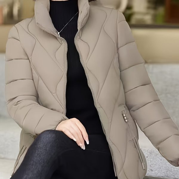 TEMU Elegant Women's Lightweight Stand Collar Zip-up Vest - Spring Fashion Puffer Jacket With Beaded Detail, 100% Polyester, Long Sleeve Regular Fit