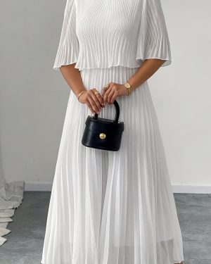 TEMU Elegant Women's Pleated Midi Dress - 3/4 Sleeve, Round Neck, , Flowy Skirt, Non-stretch Fabric, All , Evening Wear | Ruched Design | Comfortable