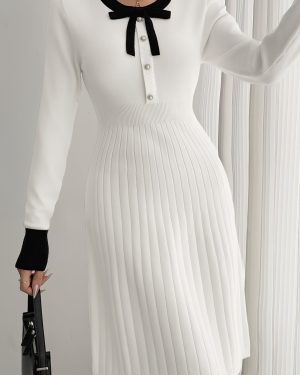 TEMU High Waist Apricot Colorblock Knitted Long Sleeve Dress With Black Bow Tie, Round Neck, Autumn/winter