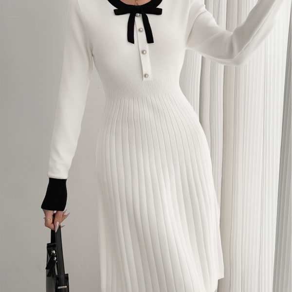 TEMU High Waist Apricot Colorblock Knitted Long Sleeve Dress With Black Bow Tie, Round Neck, Autumn/winter