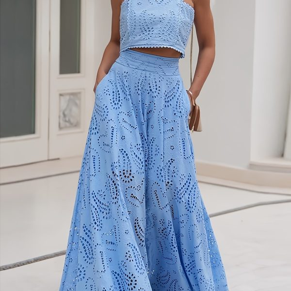 TEMU Lace Embroidered Skirt Set Of 2, Exquisite Lace Embroidered Hollow Long A-line Skirt With Short Vest, With Pocket Details, Elegant Style, Spring