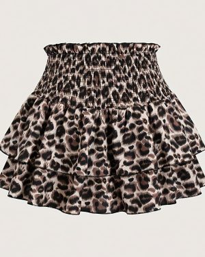 TEMU Leopard Print Ruffle Hem Skirt, Elegant Elastic Waist Mini Skirt For , Women's Clothing