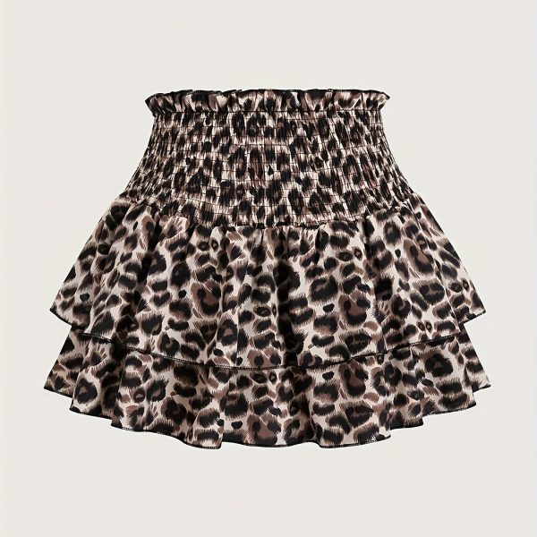 TEMU Leopard Print Ruffle Hem Skirt, Elegant Elastic Waist Mini Skirt For , Women's Clothing