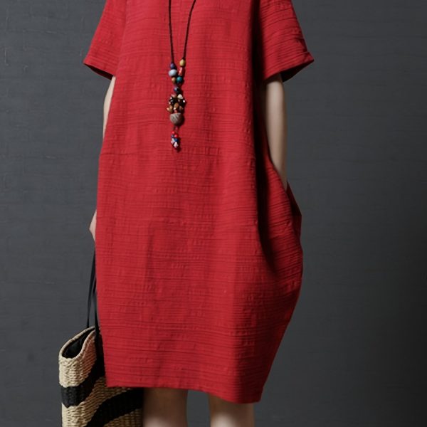 TEMU Plus Size, Didi 2025 Women's Plus Size Elegant Asymmetrical Hem Tunic Dress - Vibrant Red, Loose Fit, Round Neck Short Sleeve, Versatile For