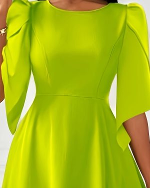 TEMU Plus Size - Elegant Black Midi Dress For Women - Crew Neck, Puff Sleeves, High-low Hem, Stretchy Polyester Blend, Casual Or Formal Occasions,
