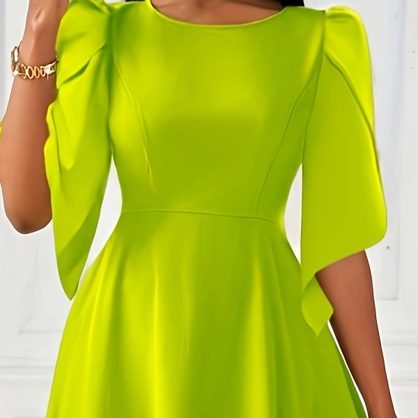 TEMU Plus Size - Elegant Black Midi Dress For Women - Crew Neck, Puff Sleeves, High-low Hem, Stretchy Polyester Blend, Casual Or Formal Occasions,