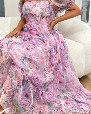 TEMU Plus Size, Plus Size Women's Elegant Floral Neck Dress With Lantern Sleeves - A-line Silhouette, Flowy Oversized Skirt, Machine Washable Long