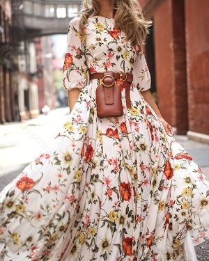 TEMU Plus Size, Women's Bohemian Floral Maxi Dress - Elegant Floral Print In Red/orange/white/, Flared Skirt Non-stretchy Party & Wedding Guest Gown,