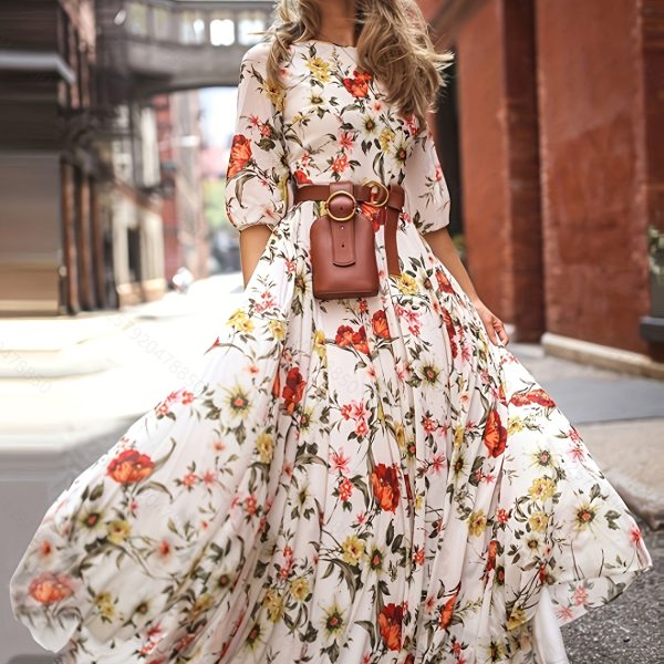 TEMU Plus Size, Women's Bohemian Floral Maxi Dress - Elegant Floral Print In Red/orange/white/, Flared Skirt Non-stretchy Party & Wedding Guest Gown,