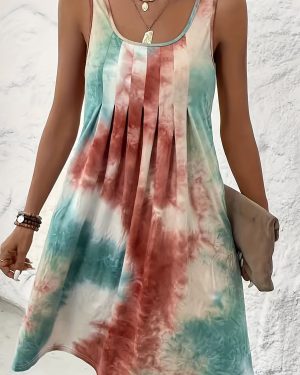 TEMU Plus Size Women's Casual Sleeveless Tie-dye Print Dress - Vibrant Purple & Blue Random Pattern, Loose Fit Round Neck Pencil Skirt, Machine