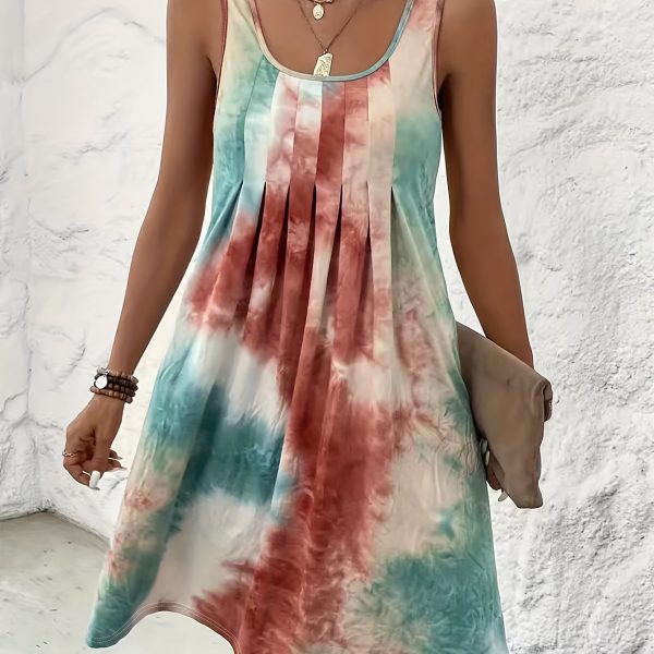 TEMU Plus Size Women's Casual Sleeveless Tie-dye Print Dress - Vibrant Purple & Blue Random Pattern, Loose Fit Round Neck Pencil Skirt, Machine