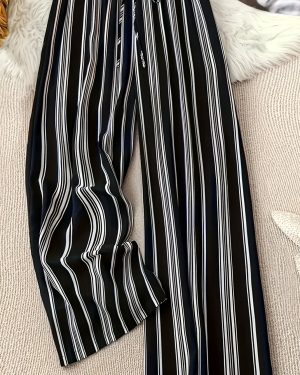 TEMU Plus Size Women's Casual Straight-leg Pants - Black & White Striped Non-stretch Machine-washable Trousers For , Comfortable Clothing,