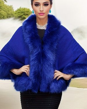 TEMU Plus Size Women's Elegant Fox Fur & Grass-effect Lightweight Coat - Plush Acrylic Shawl Wrap With Fur Trim, Stretch For Fall/winter, Parties,