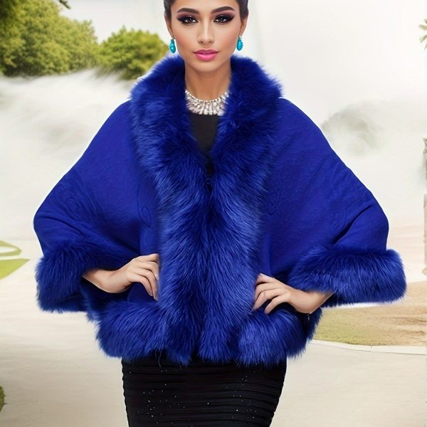 TEMU Plus Size Women's Elegant Fox Fur & Grass-effect Lightweight Coat - Plush Acrylic Shawl Wrap With Fur Trim, Stretch For Fall/winter, Parties,