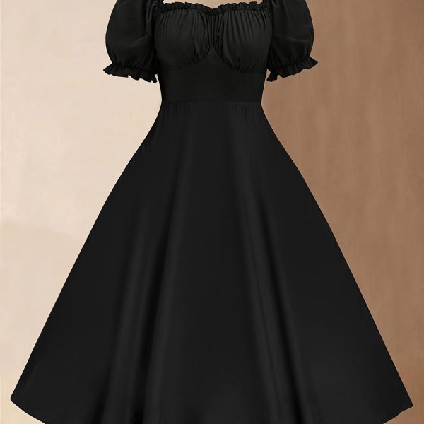 TEMU Plus Size Women's Elegant Off-shoulder Puff Sleeve & Flared Skirt Dress - Solid Color Pencil Dress For Spring/summer, Machine Washable, Casual