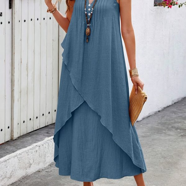 TEMU Plus Size Women's Elegant Solid Color Peplum Dress - Sleeveless, Button-up, Non-stretch Fabric, Spring/summer Style, Casual Dress|peplum |crew
