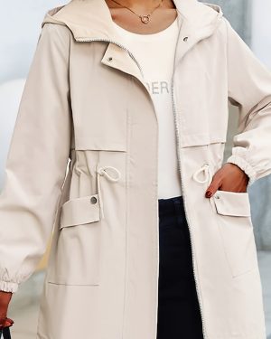 TEMU Plus Size Women's Hooded Windbreaker Jacket With Adjustable Drawstring & Waist - Knee-length Casual Coat, Zipper Front, Machine Washable, Beige