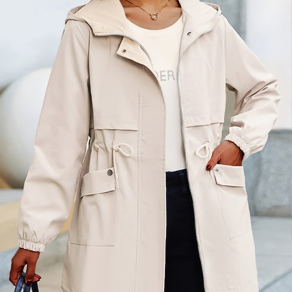 TEMU Plus Size Women's Hooded Windbreaker Jacket With Adjustable Drawstring & Waist - Knee-length Casual Coat, Zipper Front, Machine Washable, Beige