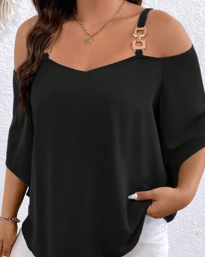 TEMU Plus Size, Women's Plus Size Off-the-shoulder Blouse - Elegant Beige Tops For Parties, Formal Events, Everyday Outfits - Machine Washable
