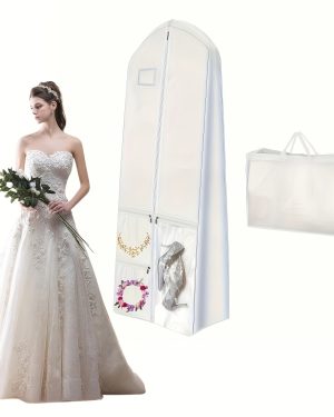 TEMU Portable 70-inch Wedding Dress Bag With Handbag, 8-inch Pleated Skirt Bag, Suitable For Long Wedding Dresses, 4 Pockets, White