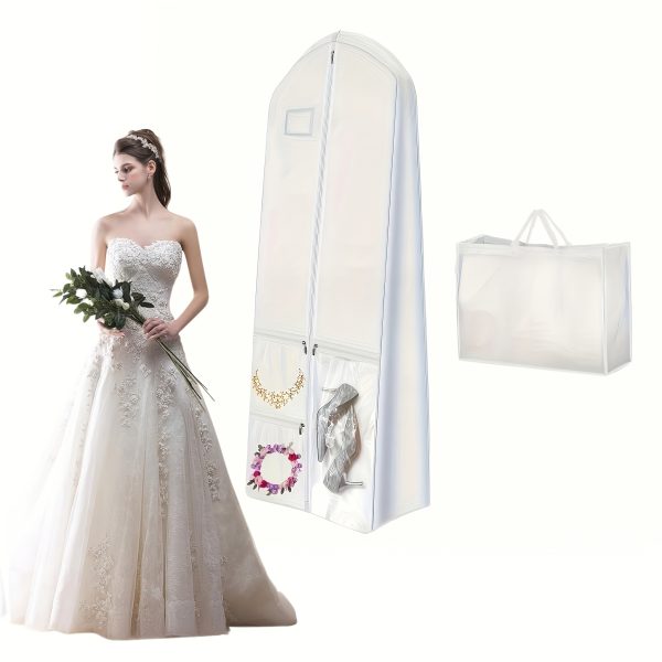 TEMU Portable 70-inch Wedding Dress Bag With Handbag, 8-inch Pleated Skirt Bag, Suitable For Long Wedding Dresses, 4 Pockets, White