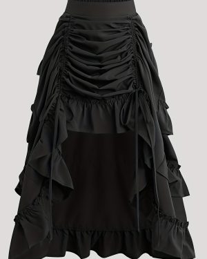 TEMU Ruffle Trim High Waist Skirt, Stylish High-low A-line Drawstring Skirt For , Women's Clothing