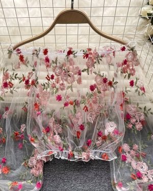 TEMU Sexy Off-shoulder Floral Mesh Embroidered Crop Top - Sheer Lace Short Sleeve Blouse For Women, Spring/summer Collection, Elegant Neckline,
